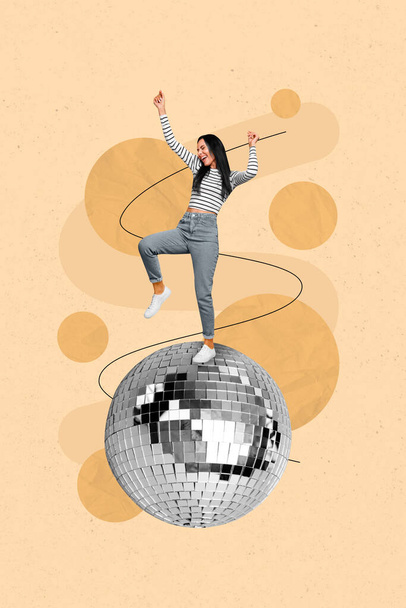 Vertical collage picture of cheerful mini girl stand big disco ball dancing isolated on drawing beige background. - Photo, Image
