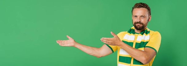 baard voetbal fan in gestreepte sjaal en geel t-shirt kijken naar de camera terwijl wijzend met de handen geïsoleerd op groen, banner  - Foto, afbeelding