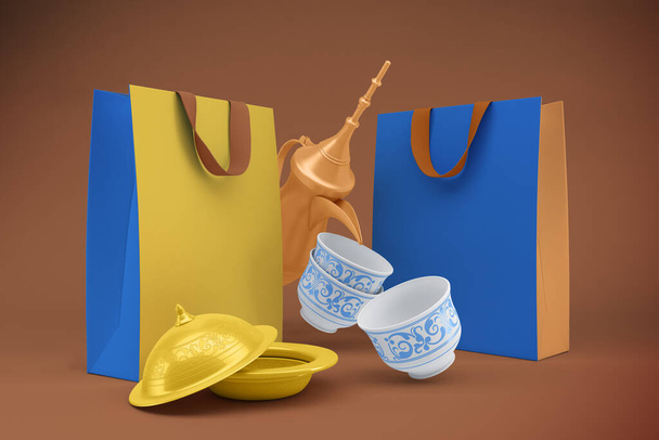 Eid Shopping Bags with Coffee Perspective Side - Фото, зображення