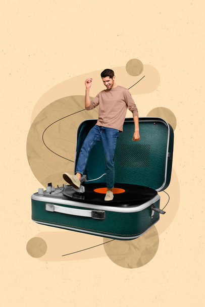 Vertical collage picture of cheerful mini guy enjoy dancing stand huge vinyl record player isolated on creative background. - Фото, изображение