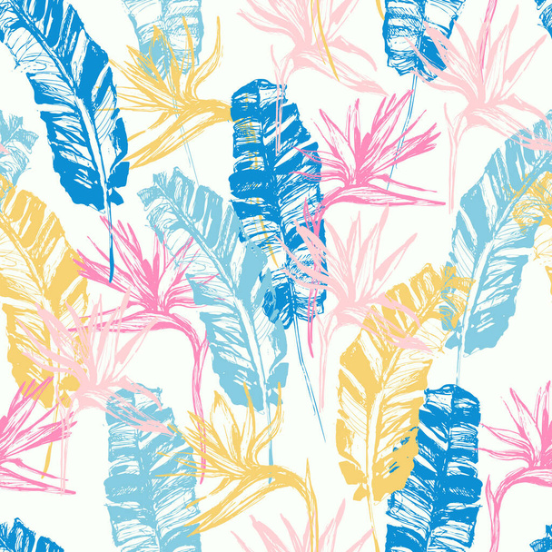 Grunge tropical leaves, flowers seamless pattern. Hand drawn abstract background: banana leaf, bird-in-paradise flower silhouettes. Vector art illustration for summer design, floral prints, wallpaper - Vetor, Imagem
