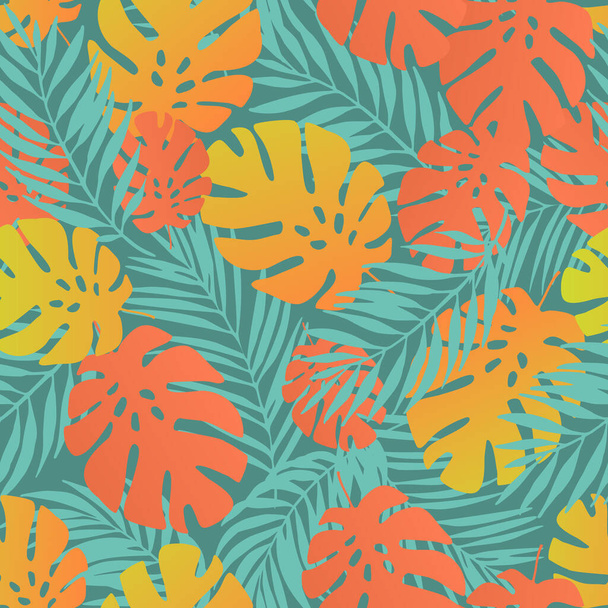 Egzotyczne liście tła. Płynny tropikalny wzór. Kolorowe rośliny monstera, sylwetki liści palmowych powtarzają. Ilustracja sztuki wektorowej do projektowania latem, druki kwiatowe, tapety, tkaniny, tkaniny - Wektor, obraz