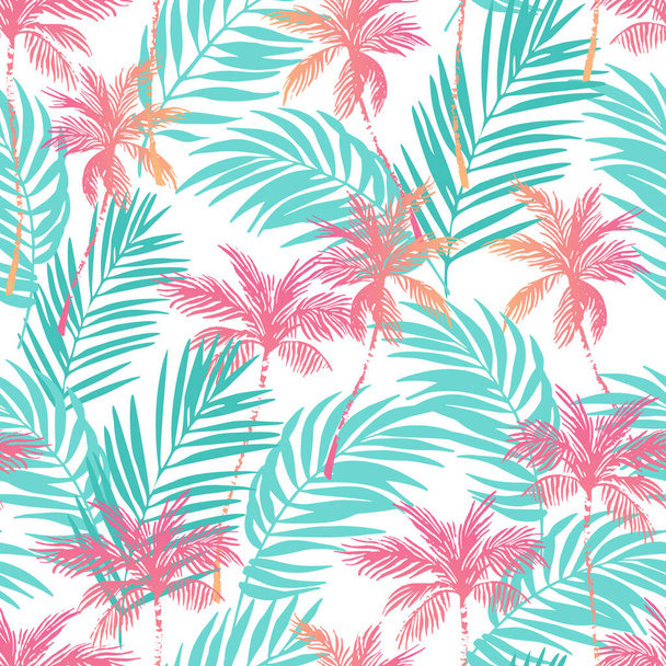 Abstract neon coconut trees on green palm leaves background. Tropical palm trees, leaf silhouettes repeat. Vector art illustration for summer design, floral prints, exotic wallpaper, textile, fabric - Wektor, obraz