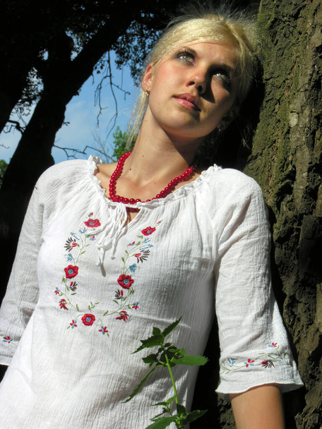 outdoor portrait of young ukrainian woman in traditional ukrainian clothes in summer day           - Foto, immagini
