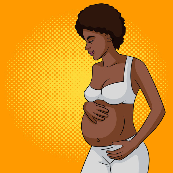Εικονογράφηση διανύσματος μιας εγκύου. Μια μελαχρινή νεαρή γυναίκα κρατάει την κοιλιά της με το χέρι της. Μια όμορφη Αφρο-Αμερικανίδα στέκεται έγκυος με τα εσώρουχά της. Αφίσα για το σχεδιασμό ενός παιδιού. - Διάνυσμα, εικόνα