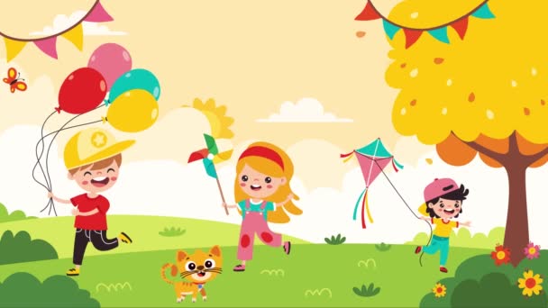 Animacja kreskówek dzieci bawiących się na łonie natury - Materiał filmowy, wideo