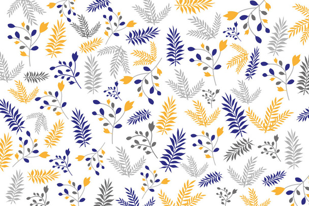 3D ilustrace květinové tapety. modré, oranžové a šedé listy a květiny v bílém pozadí. - Fotografie, Obrázek