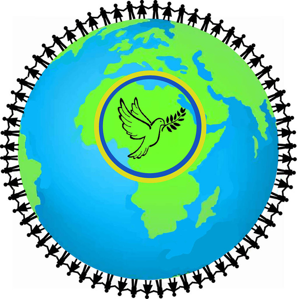 Hommes et femmes qui se tiennent la autour de la Terre avec logo colombe de la paix entouree d 'un cercle representant les couleurs ukrainiennes - Fotoğraf, Görsel