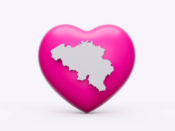 3d Pembe Kalp ve Beyaz Belçika Haritası Beyaz Arkaplanda İzole Edilmiş, 3d Görüntü - Fotoğraf, Görsel
