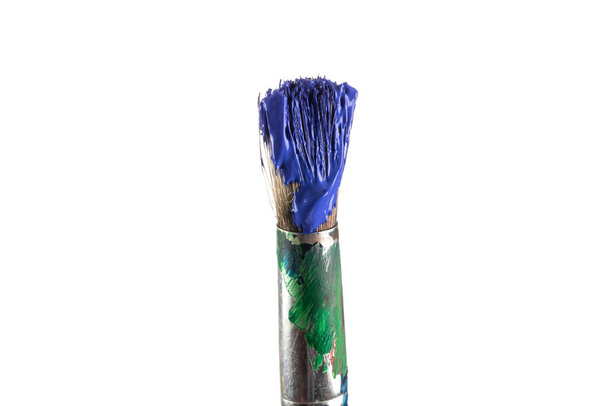 Brush with blue paint isolated on a white background - Photo, Image