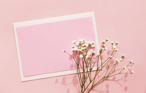 Burla de una tarjeta rosa con gypsophila sobre un fondo rosa. Día de la mujer, tarjeta de felicitación, día de la madre, día de San Valentín, cumpleaños, espacio para copiar. - Foto, imagen