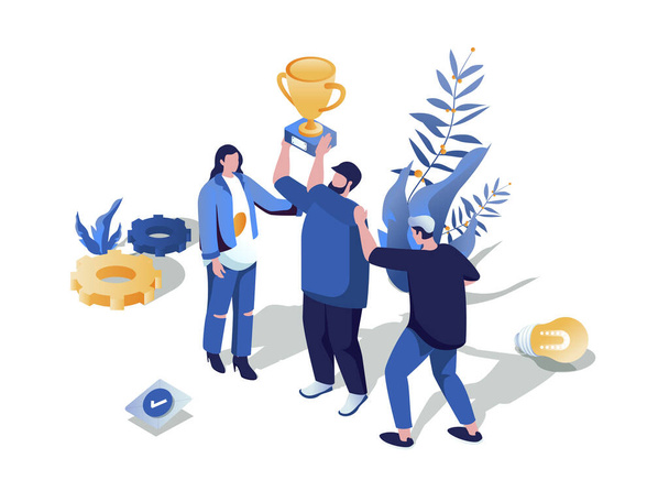 Support in team concept 3d isometric web scene. People working together and achieving career goals, winning trophy cup, partnership and leadership. Illustration in isometry graphic design - Photo, Image