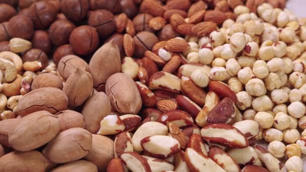 Verschillende soorten noten op een draaiende tafel en noten vallen van boven. Een gesorteerde notenmix. Macadamia, paranoten, pecannoten, hazelnoten, amandelen. - Video
