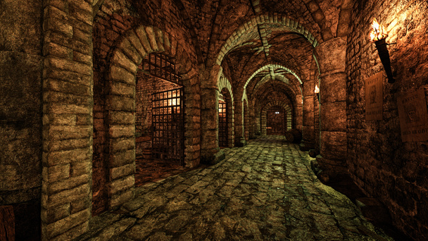Παλιά μεσαιωνική σήραγγα μπουντρούμι κάστρο με μια σειρά από κελιά φυλακή, ανάβει με φλόγα πυρσό. 3D απόδοση. - Φωτογραφία, εικόνα
