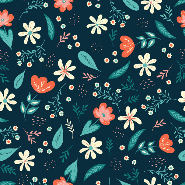 Seamless vector pattern with cartoon flowers on dark blue. Kids products, textile, packaging, wrap. Vector illustration - Vettoriali, immagini