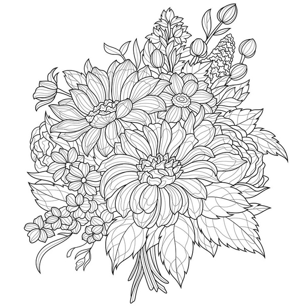 Bouquet of flowers.Coloring book antistress for children and adults. Illustration isolated on white background.Zen-tangle style. Hand draw - Vector, Imagen