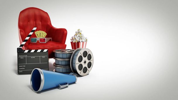 Red seat, pop corn, ticket, film reel and slate. 3D illustration. - Zdjęcie, obraz