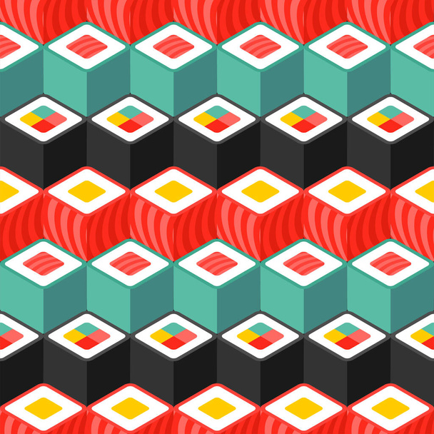 Sushi rolls pattern seamless. Traditional Japanese food background. Vector texture - Vector, Imagen