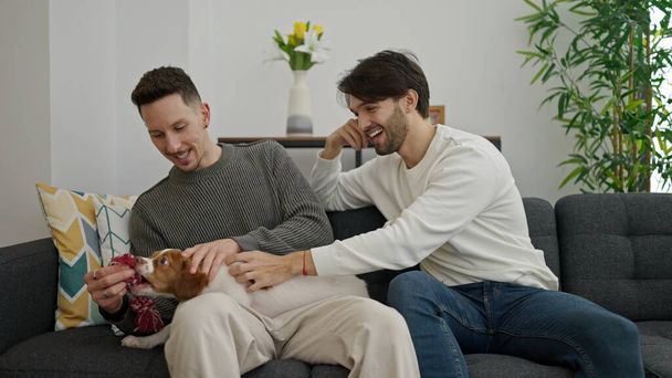 Two men couple sitting on sofa playing with dog at home - Fotó, kép