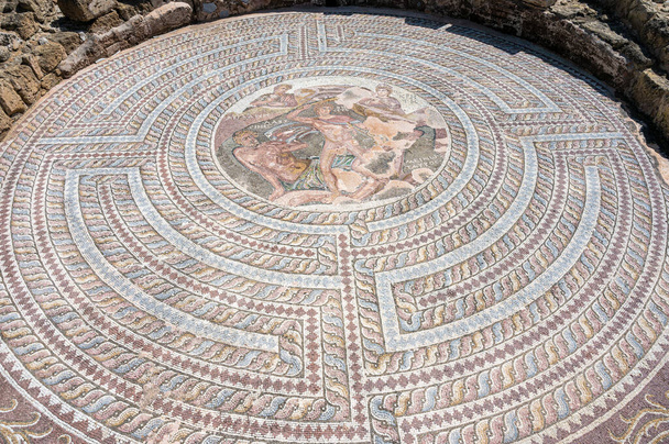Paphos, Paphos District, Cyprus - March 23 , 2023 - Decorated floors with mosaic tiles with ancient Greek mythology - Фото, изображение