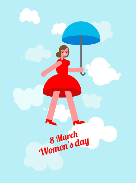 March 8 Cheerful woman flies on an umbrella. International Women's Day postcard, congratulation - Vektör, Görsel