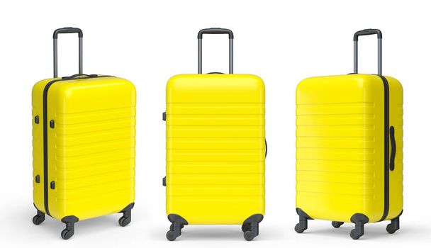 Zestaw bagaży z akcesoriami plażowymi na letnie wakacje na białym tle. 3D renderowanie koncepcji letnich wakacji i wakacji - Zdjęcie, obraz