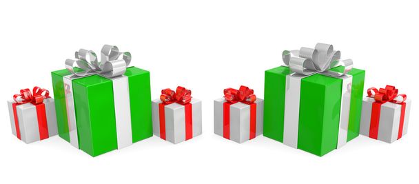 Різдвяні подарунки розташовані поспіль, пов'язані стрічками
 - Фото, зображення