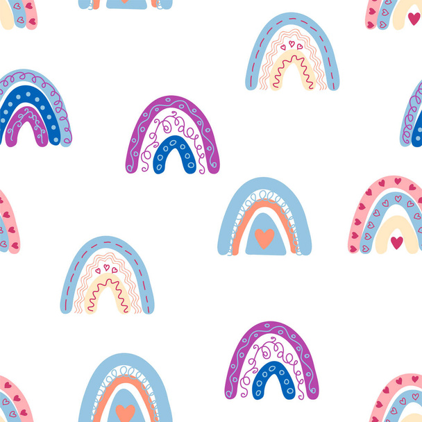 Seamless pattern graceful rainbows in boho colors. Scandinavian baby hand style for newborns - ベクター画像