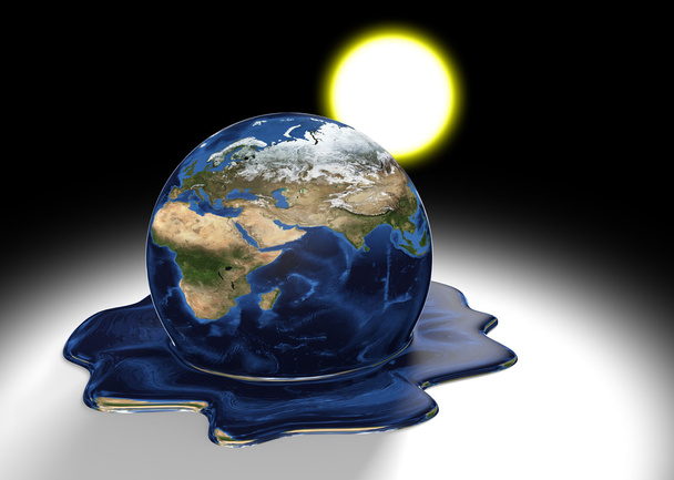 Global warming concept of Earth melting into a liquid pool under the heat of the sun, parts of this image furnished by NASA - Photo, Image