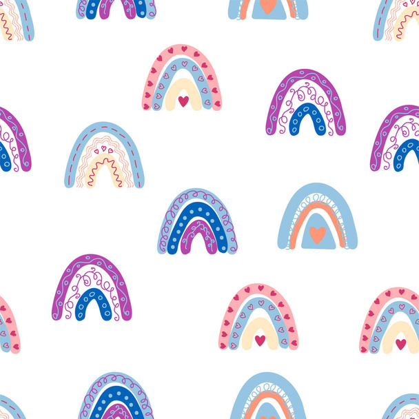 Seamless pattern graceful rainbows in boho colors. Scandinavian baby hand style for newborns - Vetor, Imagem
