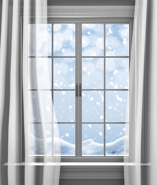 Télen a hó óvatosan eső a paned ablakon egy ház - Fotó, kép