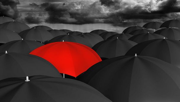 Siyah olan bir kalabalık içinde kırmızı şemsiye bireysellik ve düşünme farklı kavramı - Fotoğraf, Görsel