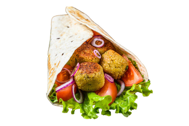Tortilla vegetariana envolva com falafel e salada fresca, tacos vegan. Isolado sobre fundo branco - Foto, Imagem
