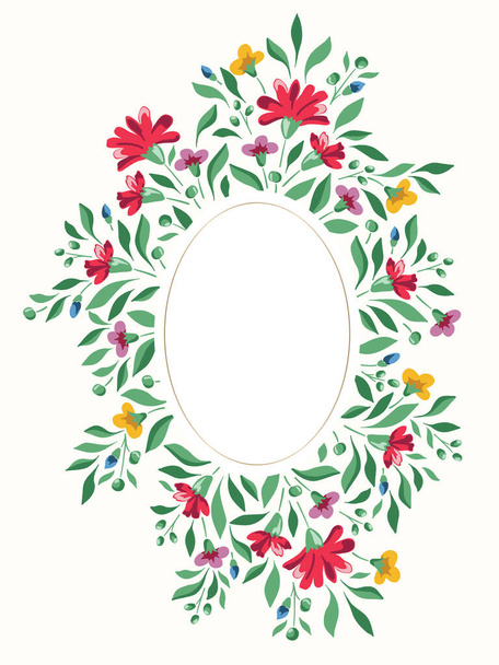 Colorful Chintz Romantic Meadow Wildflowers Vector Vertical Oval Frame. Cottagecore Garden Flowers and Foliage Wedding Invitation. Homestead Bouquet. Farmhouse Background - Vektor, kép