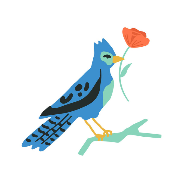 Ein seltener und schöner blauer Eichelhäher sitzt auf dem Ast und hält eine Blume im Schnabel. Handgezeichnete Illustration des blauen Vogelvektors. - Vektor, Bild
