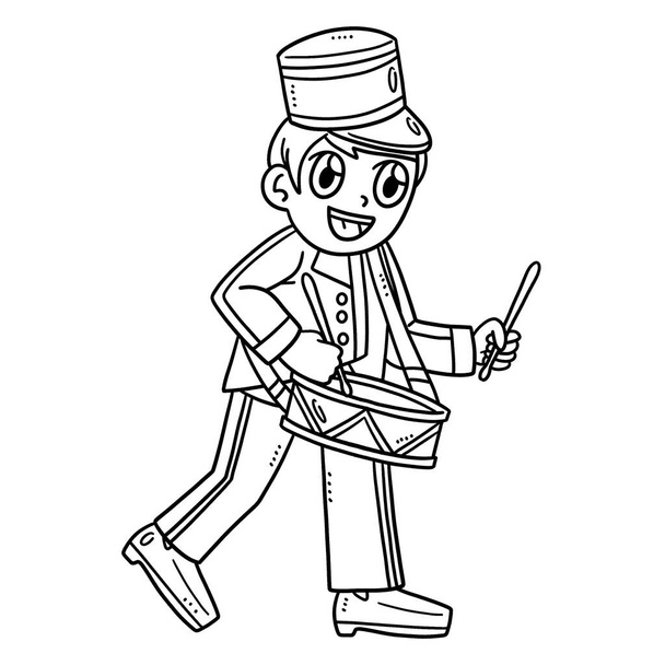 A cute and funny coloring page of a Cadet Playing Marching Drum. Provides hours of coloring fun for children. Color, this page is very easy. Suitable for little kids and toddlers. - Vector, Image