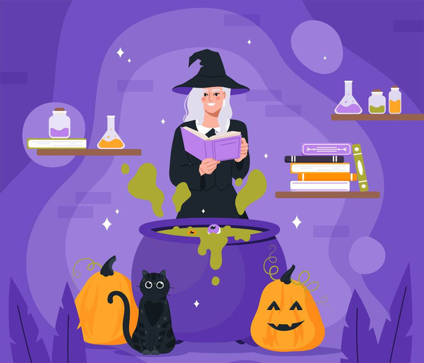 Halloween hocus pocus. Witch with book stands in front of potion and reads spell. Imagination and fantasy. Feast of fear and horror. Magic and sorcery concept. Cartoon flat vector illustration - Vector, Image
