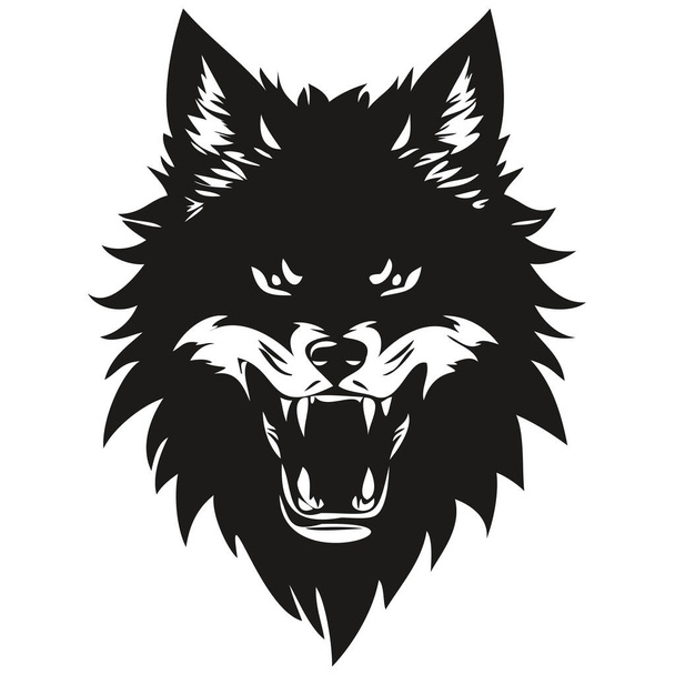 Eskrim ve spor takımı için kurt başlı maskot logosu, siyah beyaz şablon rozeti. - Vektör, Görsel