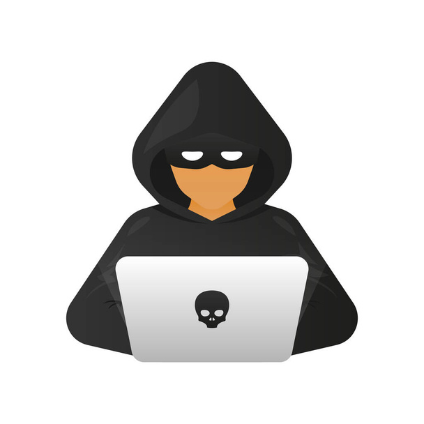 Хакер, кибер-преступник с ноутбуком крадет личные данные пользователей. Хакерская атака и веб-безопасность. Интернет-фишинг. Концепция кибербезопасности. Векторная иллюстрация - Вектор,изображение