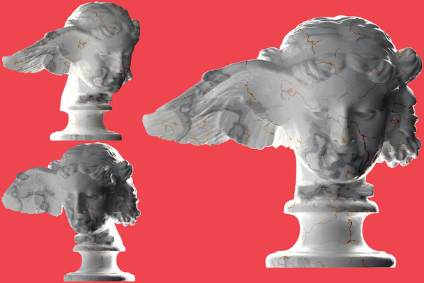 Luksusowy biały marmur i złoty posąg Hypnos renderowany w 3D. Idealny do okładek płyt, odzieży i promocji w mediach społecznościowych - Zdjęcie, obraz