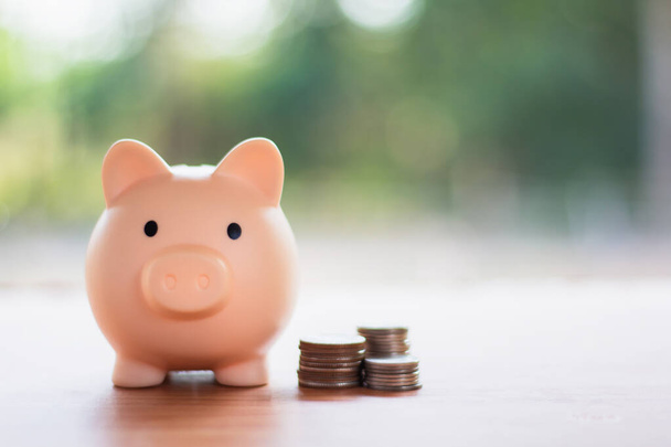 piggy bank on table background. Finance and Investment Content - Foto, Imagem
