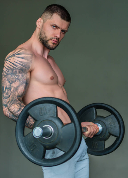 Muscular man workout in the gym. Athletic man having weight training in gym. Handsome man with strong muscles workout in the gym. Portrait of sexy muscular male with dumbbells. Bodybuilder exercise - Foto, afbeelding