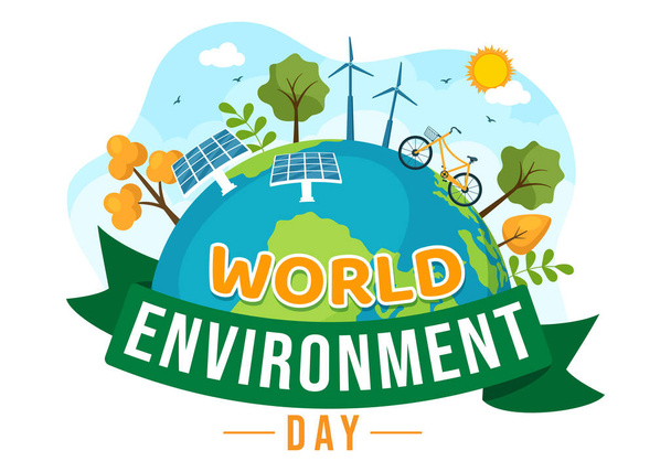 World Environment Day Illustration with Green Tree and Animals in Forest for Save the Planet or Taking Care of the Earth in Hand Drawn Templates - ベクター画像