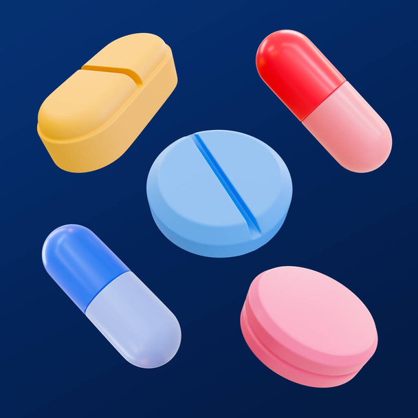 3d мінімальний набір ліків таблетки. різні форми ліків. 3d ілюстрація
. - Фото, зображення
