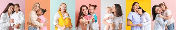 Коллаж с счастливыми матерями и их детьми на цветном фоне - Фото, изображение