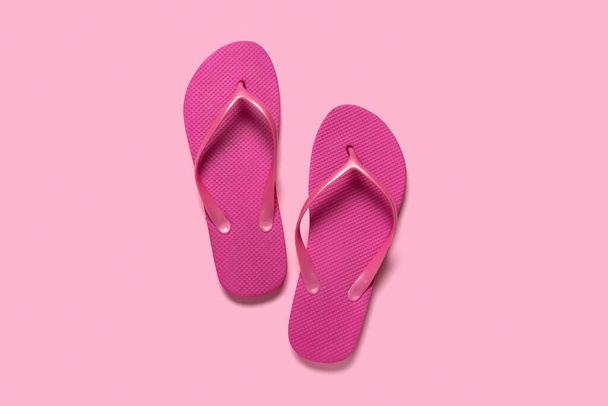 Flip-flops on pink background, top view - Photo, Image