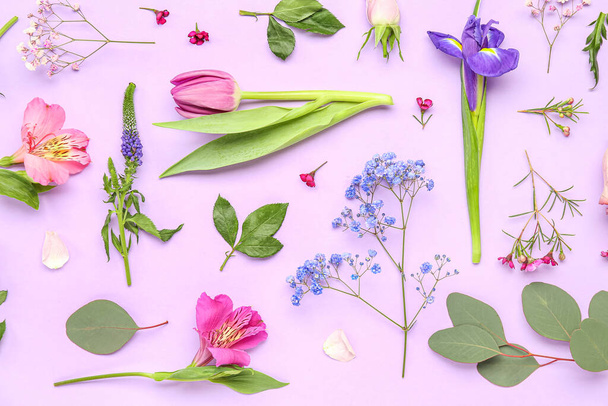 Piękne kwiaty na liliowym tle - Zdjęcie, obraz