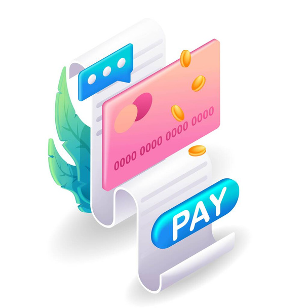 Isometric, cartoon. 3D icon of payment of an invoice by credit card. Payment message. Debiting money from the account. Vector for website. - Вектор, зображення