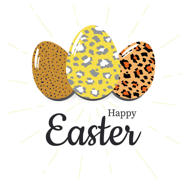 Feliz Pascua. Elegante postal de moda con huevos pintados lindos en un diseño de leopardo depredador sobre un fondo blanco.  - Foto, imagen