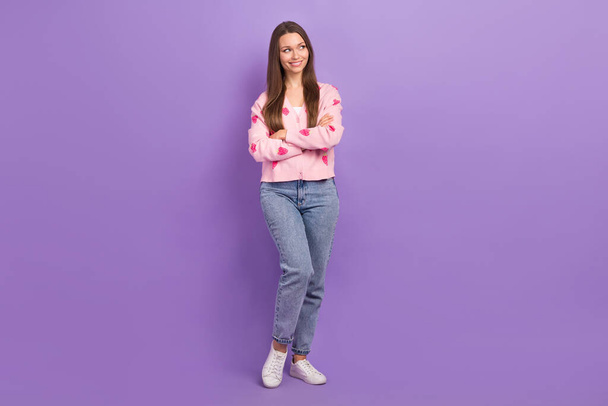 Full length photo of funky dreamy lady dressed strawberry print cardigan arms folded looking empty space isolated purple color background. - 写真・画像